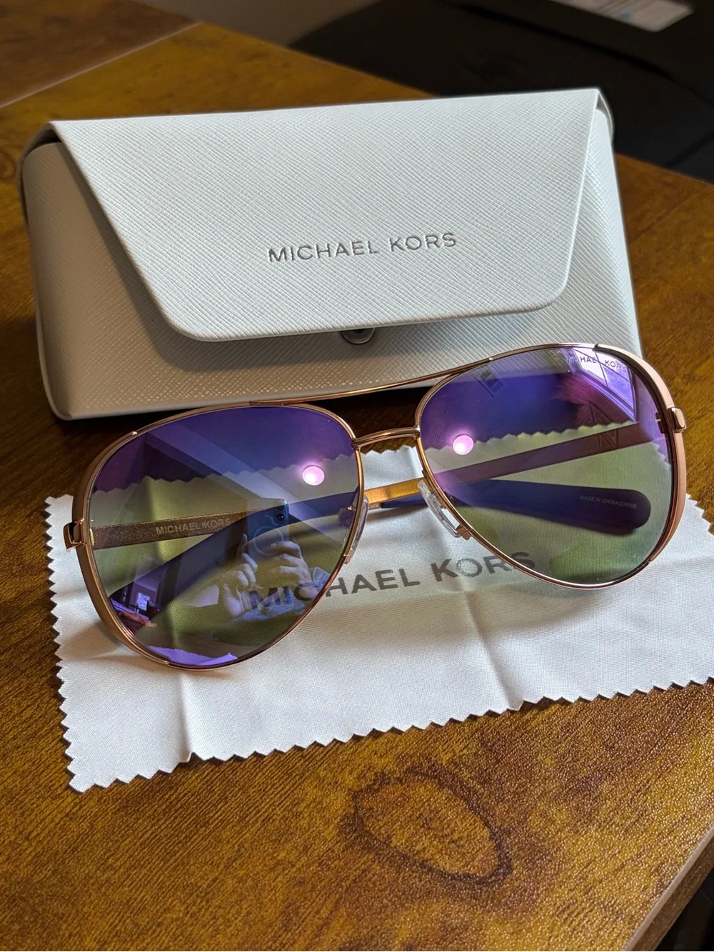 Michael Kors Rose Gold Aviator Sunglasses with Purple Gradient Lenses